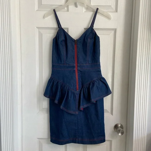 Betsey Johnson | Dresses | Betsey Johnson Denim Sheath Dress Size 4 Blue  Ruffle Sleeveless Front Zip | Poshmark